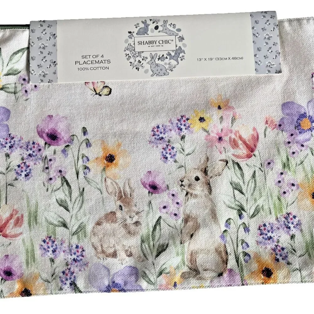 Shabby Chic Easter Bunny Placemats Set of 4 Spring Flowers Machine Wash 13x19